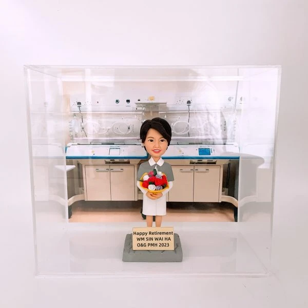 訂製醫護退休人像公仔，身穿護士制服，手持一束鮮花，底座刻有「Happy Retirement WM SIN WAI HA O&G PMH 2023」字樣。背景為醫院婦產科新生嬰兒保育箱與醫療儀器，象徵婦產科醫生或護士的專業角色。此公仔作為醫護退休紀念禮物，極具收藏與致敬價值。