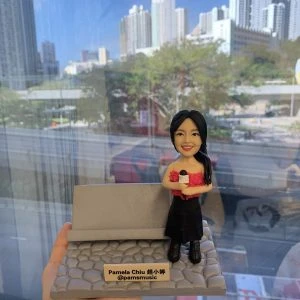香港歌手趙小婷（Pamela Chiu）的訂製人像公仔，公仔手持咪高峰，站在鵝卵石地台上，其背景配件裝飾為一張灰色長櫈。