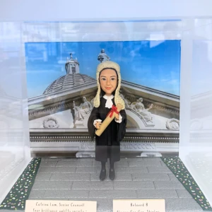 一款女性資深大律師人像公仔，身穿律師袍、頭戴假髮，站立在香港終審法院背景前，是慶祝法律畢業或晉升的完美祝賀禮物及畢業禮物。