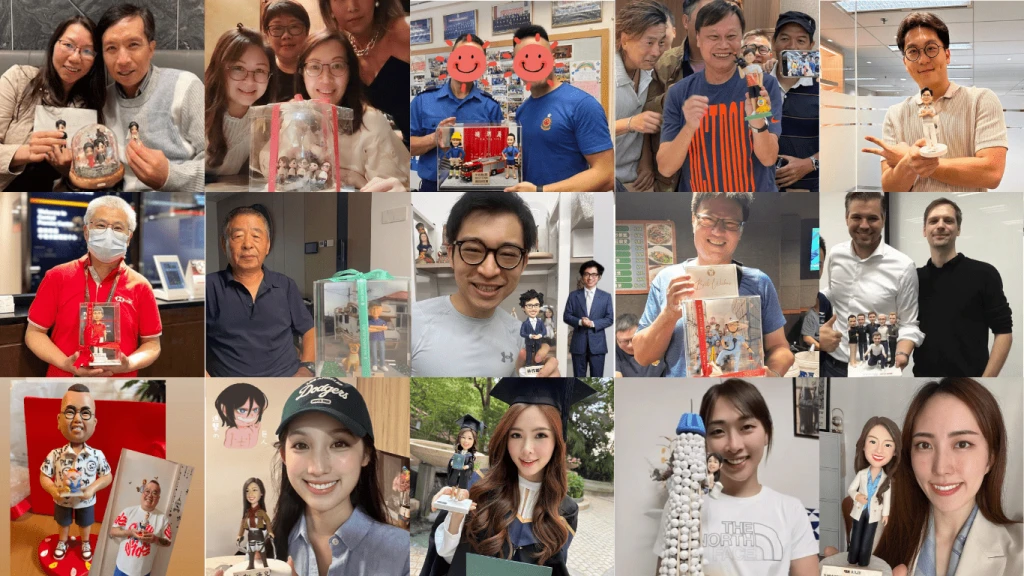 Cutefigurehk 真人公仔客戶好評回圖合集，展示了包括退休、畢業、情侶等不同場合的客製化禮物。回圖google
