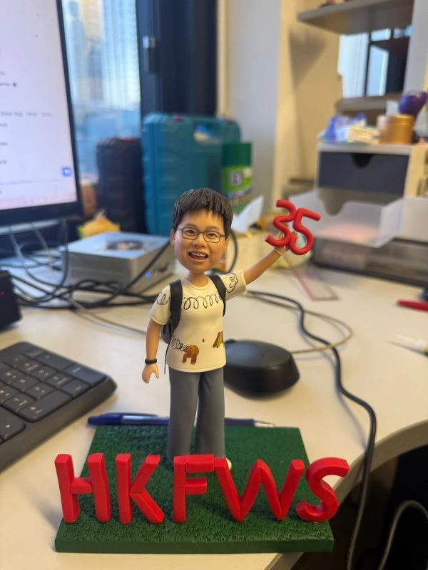 戴眼鏡的人像公仔背著背包、穿白色塗鴉T與灰色長褲，右手高舉紅色「35」，站在綠色草地底座，前方立體紅字「HKFWS」