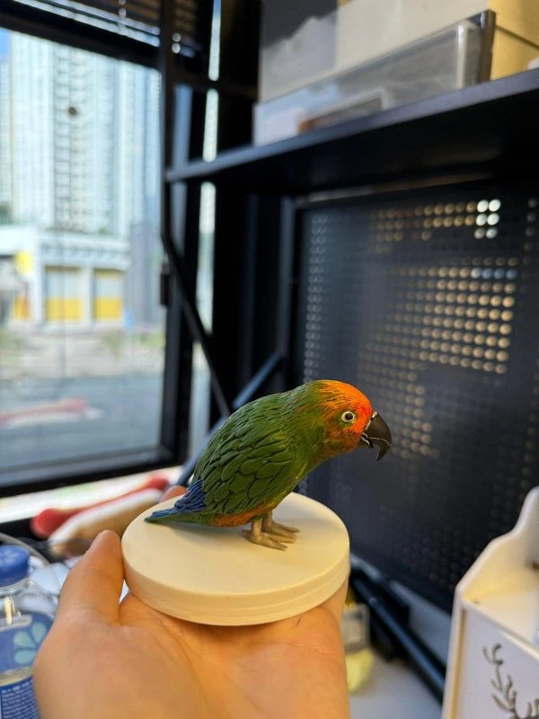 一個手工製作的寫實鸚鵡模型，全身綠色羽毛，頭部橙色，藍色翅膀，栩栩如生，適合作為獨特的禮物。