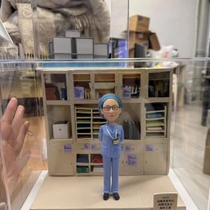 透明展示盒中的醫護主題客製公仔，穿淡藍色制服與頭套、配識別證，雙手在身後站立；背後是分類櫃與文件層架的微縮場景，貼有多張小標籤；前方右側立有金色小銘牌，整體置於木桌與室內背景前。