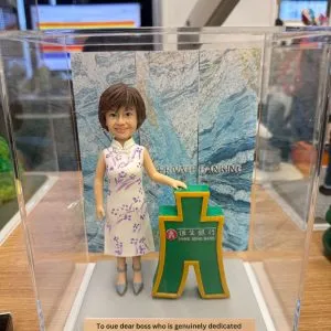 一尊裝在透明壓克力展示盒內的客製化女性公仔,作為銀行主管的退休禮物。公仔為短髮女性,笑容親切,身穿白色帶有紫色花紋的無袖旗袍。她的左手搭在一個帶有「恒生銀行 HANG SENG BANK」標誌的綠色古錢幣立體模型上。展示盒內的背景板印有藍色紋理與「PRIVATE BANKING」字樣。底座前方有一塊銘牌,以英文寫著對老闆的感謝與退休祝福。