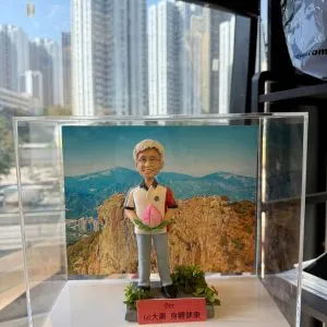 CUTEFIGUREHK 客製化長輩生日公仔。透明亞加力膠盒內展示著一個根據真人相貌製作的立體公仔。公仔是一位白髮、戴著眼鏡、笑容和藹的男士，身穿休閒 Polo 恤和牛仔褲，雙手捧著一個象徵長壽的粉紅色大壽桃。底座點綴了仿真的綠色植物，前方放有一塊紅色名牌，上面印有黑字：「Dee / 60大壽 身體健康」。展示盒內的背景是一張壯麗的高山風景照（類似香港獅子山）。
