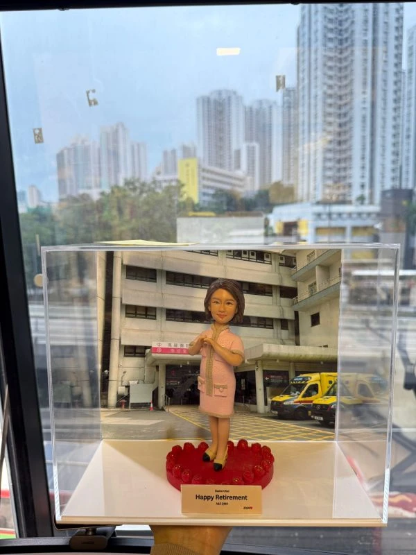 CUTEFIGUREHK 客製化醫護人員榮休紀念公仔。一位短髮女士身穿帶有金色飾邊的粉紅色連身裙，雙手優雅地交疊在胸前。公仔站立在帶有一圈紅玫瑰裝飾的紅色圓形底座上。底座前方設有一塊專屬名牌，印有「Elaine Choi Happy Retirement A&E QMH 2026」。公仔被放置在透明展示盒內，背景是一張瑪麗醫院急症室入口及停泊著救護車的照片。