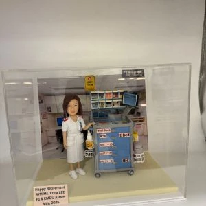 透明展示盒中的護理主題公仔:短髮角色穿白色護理制服與白鞋,站在醫療推車旁,推車上有平板與藥品分類抽屜,兩側掛著圓形籃架與瓶罐;背板為病房工作站。左前方粉色銘牌寫有「Happy Retirement|WM Ms. Erica LEE|F1 & EMDU AHNH|May, 2026」。