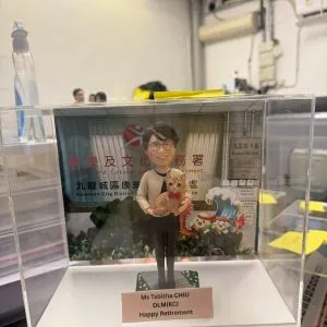 透明展示盒內的場景公仔:戴圓框眼鏡的角色抱著戴紅色蝴蝶結的小貓,腳下為灰色石板紋小底座,前方米色銘牌以英文寫有稱呼、部門縮寫與「Happy Retirement」等字樣(此處不逐字轉錄);背板印有康樂及文化相關單位與地區名稱的中英文標識與圖案。