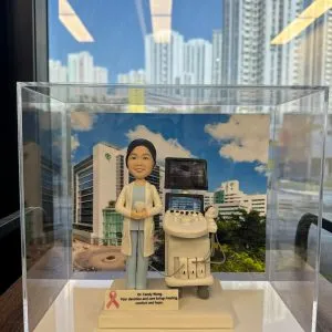 透明展示盒內的醫療主題人像公仔：一位女性醫生身穿白袍與手術帽色系相近的粉藍內搭，雙手自然交握站在超音波推車旁；推車配有上、下兩塊螢幕、旋鈕控制台、探頭座與凝膠瓶，探頭與導線垂掛其側，底部為四輪腳座。背景是一幢白色現代化醫院大樓與藍天白雲的大幅相片。前方銘牌印有粉紅絲帶圖案與英文字感謝語，整體呈現向醫護致意的專屬人像公仔禮物。