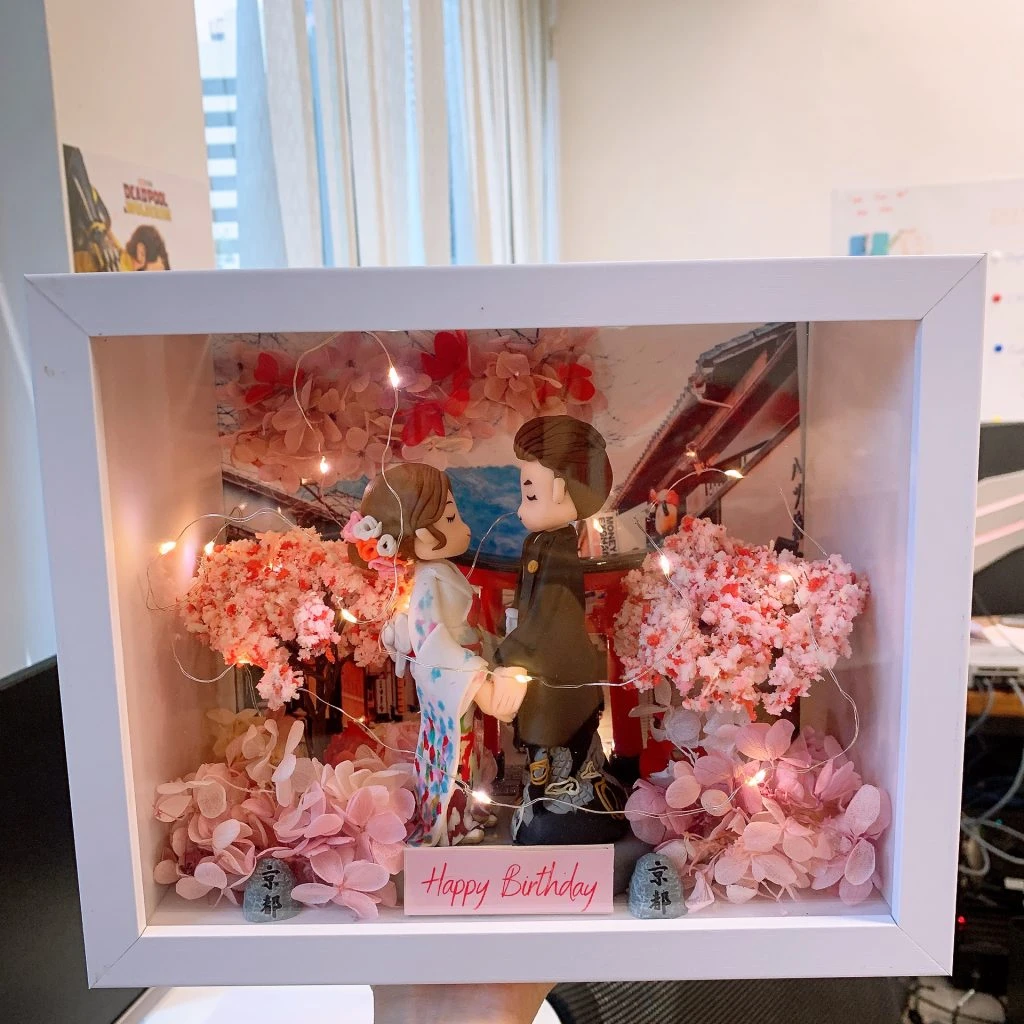 白色相框中的日系情侶場景：女孩穿白底彩點和服、男孩穿深色和服，面對面牽手站在紅色鳥居與櫻花樹之間，粉色花材鋪陳，燈串點亮，前方牌子寫著 Happy Birthday。