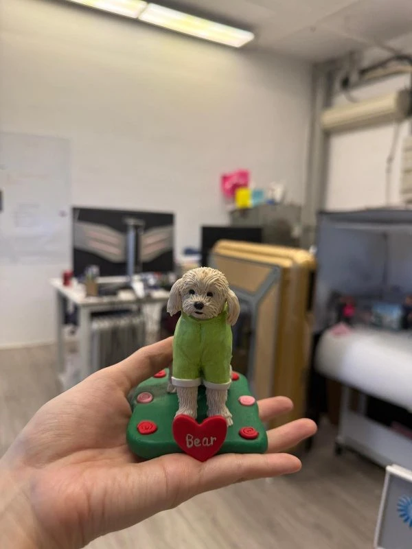 手掌托著的狗狗公仔：米白色卷毛小狗穿綠色連身衣站在綠草底座上，四周有紅粉小玫瑰裝飾，前方紅色愛心寫著「Bear」。