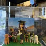 透明展示盒中的客製畢業公仔，戴方帽穿黑色學袍的女生抱著一隻小狗，左右排站多隻不同品種的狗，背板為校園建築